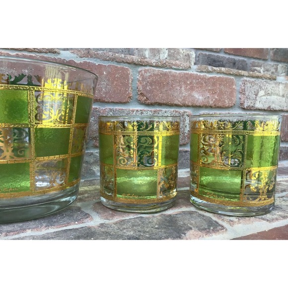 Vtg 60s Culver Prado Green & Gold 22 k Lowball Glasses (4) and Ice Bucket Set - Picture 9 of 11